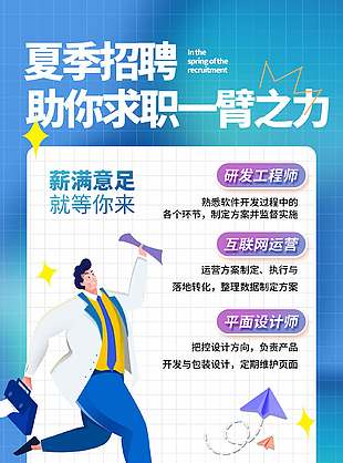 薪满意足夏季招聘扁平插画风海报