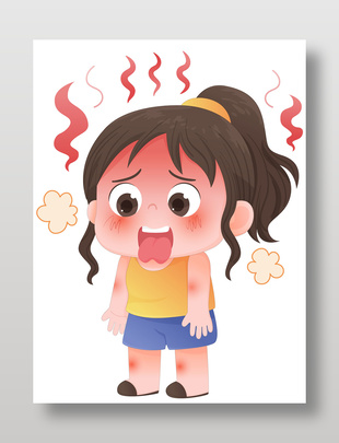 炎热夏天高温天气女孩出汗脸红儿童插画