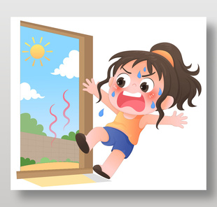 户外高温炎热大太阳女孩防中暑儿童插画