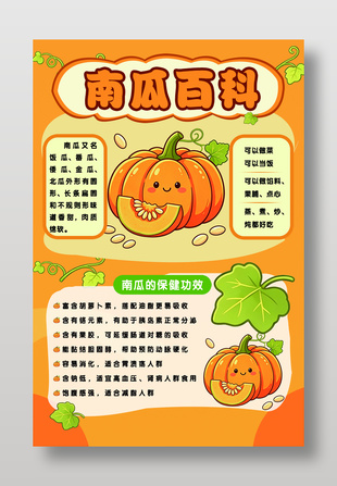 南瓜百科营养价值与功效卡通科普海报