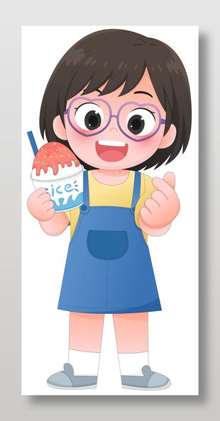 夏天女孩吃冰淇淋卡通人物插画设计