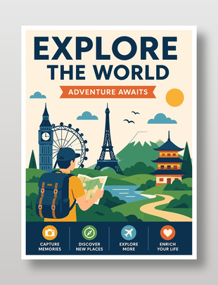 探索世界背包旅行手绘风海报设计