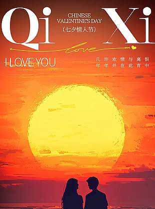 七夕情人节海边日落情侣剪影海报设计