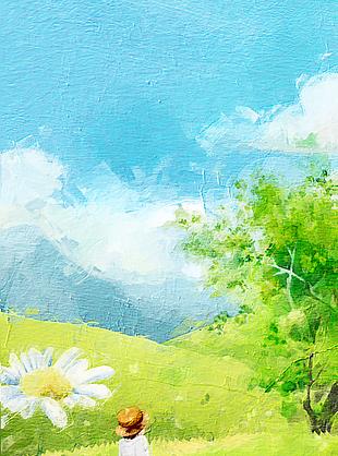 油画风夏日风光草地背景插画设计